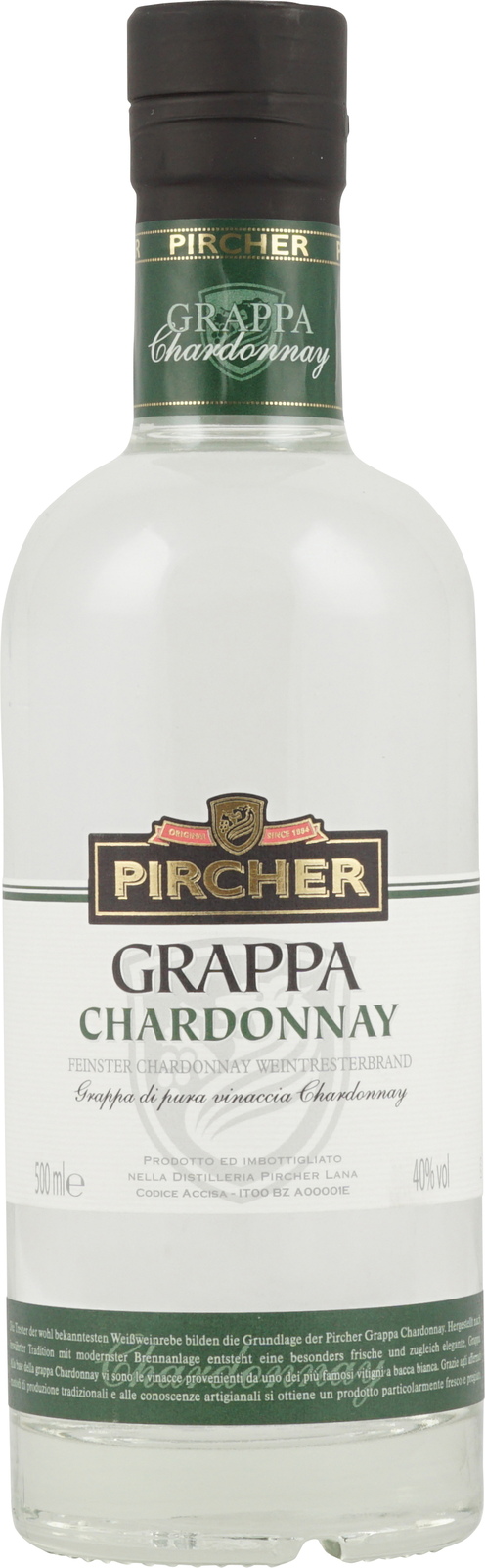 Pircher Grappa Chardonnay in 500 Flasche mit 40% ml Vol